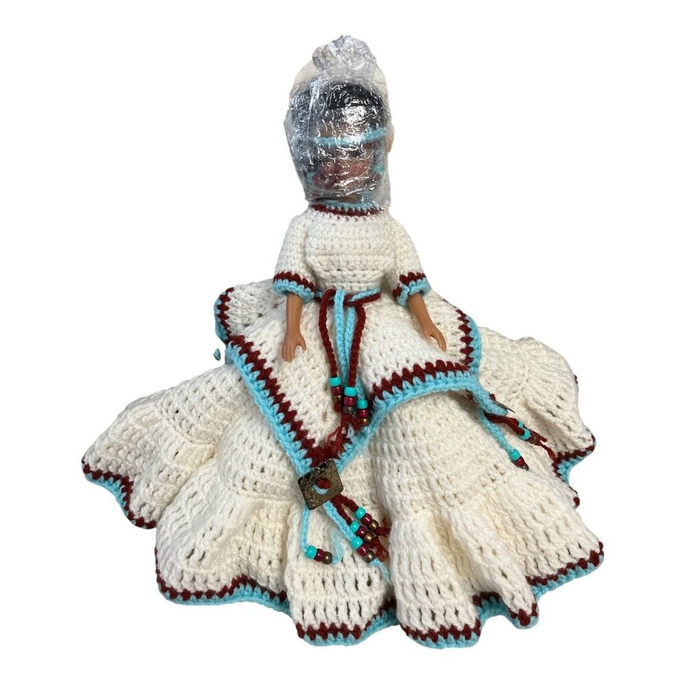 1980s Indigenous-Style Crochet Skirt Doll – 14" Handmade Display Doll with Beade